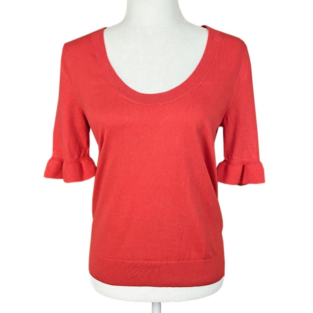 Boden Frill Sleeved Knitted T-Shirt Size 6 Poppy Red Cotton Wool Soft 1/2 Sleeve